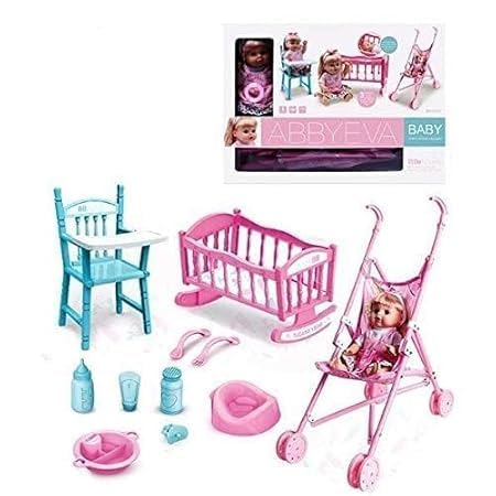 EXOMOON 3 in 1 Baby Doll Stroller Foldable Baby Pram Trolley with Doll Assembled Pretend Play Carrier Stroller Toy