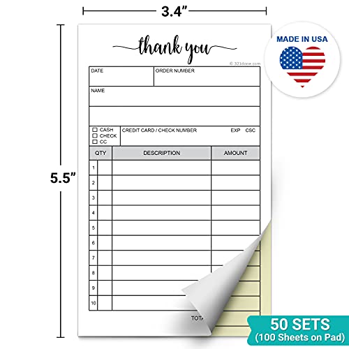 321Done Thank You Receipt Book, 3.4X5.5 Handheld 2-Part Carbonless, Made In Usa, Carbon Duplicate Copy Sales Order Form, Invoice Pad, Cute Convenient For Small Boutique Business (50 Sets) White/Yellow #TOP1
