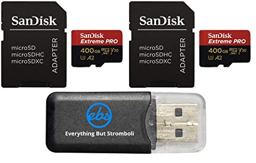 Flash Deals - 40% OFF SanDisk 400GB Micro SDXC Extreme Pro Memory Card (2 Pack) Works with GoPro Hero 8 Black, Max 360 Cam U3 V30 4K Class 10 (SDSDQXCZ-400G-GN6MA) Bundle with (1) Everything But Stromboli MicroSD Reader