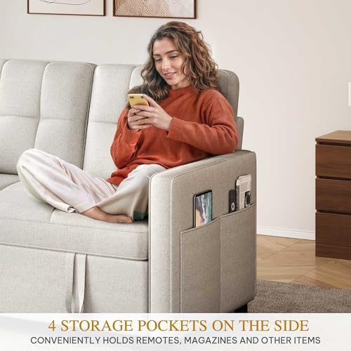 DWVO 55" Convertible Sofa Bed, 3-in-1 Sleeper Sofa with Pull-Out Bed, Linen Futon Couch with Side Pocket and Adjustable Backrest, Modern Loveseat for Living Room, Light Beige