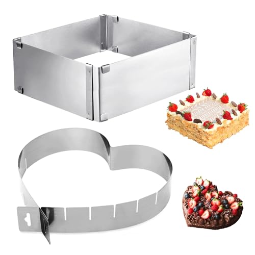 KEORHEZ Anillo para tartas de 2 piezas ajustable, marco rectangular ajustable, acero inoxidable, tamaño ajustable, resistente al calor y al frío, fácil de usar (forma de corazón + forma cuadrada)