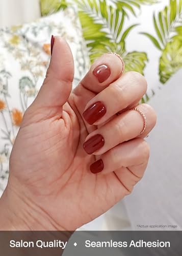 Image of ohora Semi Cured Gel Nail Strips (N Chilly) - Red, Solid, Works with Any UV /LED Lamps, Salon-Quality, Long Lasting, Easy to Apply & Remove - Includes 2 Prep Pads, Nail File & Wooden Stick