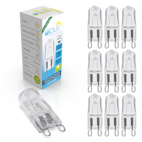 Opus G9 Halogen Bulb | 42W = Equivalent to 60W G9 Bulb | Warm White 2700K | Long Life 2,000 Hours | Clear Glass Capsule | Dimmable | 2 Pin Light Bulbs | Lava Lamp Bulb | Chandelier Bulb | 10 Pack