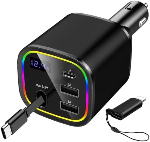 Car Charger USB C, 4in1 Car Phone Charger with USBC Retractable Cable for iPhone Android Fast Charge, AGEMANY 78W Cigarette Lighter Adapter with Voltage Display, 12V/24V Car Accessories Gift (Black)