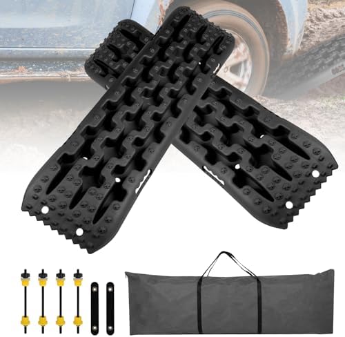 EXLECO 2Pcs Tappetino Trazione Accessori Auto Tavola di Recupero per Piste Offroad Rimorchio Auto Lamiere di Sabbia Accessori Fuoristrada Targhe Antiscivolo Piastre Trazione per Sabbia Neve Fango Nero
