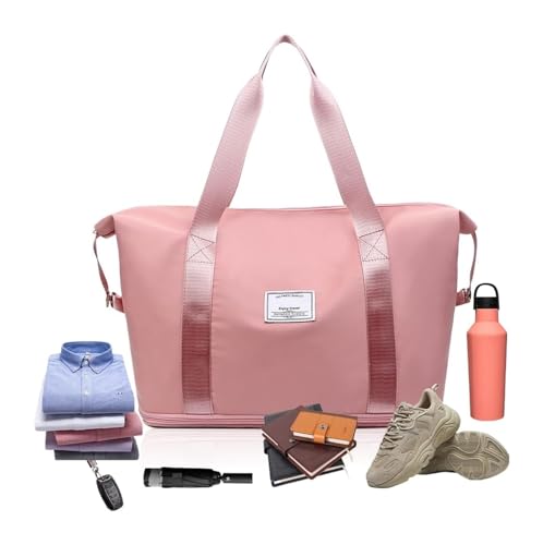 SOYON Large Capacity Travel Bag,Double Layer Wet Separation Travelling Bag,Collapsible Waterproof Large Capacity Travel Handbag For Outdoor(Cherry Blossom Pink)