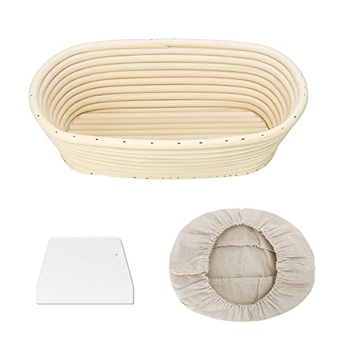 Clheatky Banetones Pan 25cm Ovalado, Cesta Fermentacion Pan con Rascador y Lino, 100% Ratán Natural Oval Banneton Proofing Basket, Capacidad para 500g de Masa