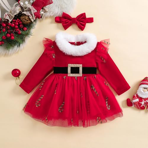 BeQeuewll Baby Girl Christmas Outfit Red Green Dress Long Sleeve Velvet Party Tulle Dress Toddler Christmas Clothes Winter2