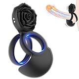 Rose Cock Ring Stimulator with Testicles Massager & Clitoral Stimulator, Pleasure Penis Ring Vibrator, Dual Motors 10 Vibration Modes for Male or Couples, Waterproof Adult Sex Toys