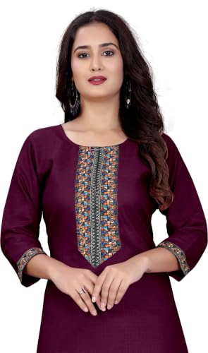 Image of Women A-line Cotton Blend Round Neck 3 /4 Sleeve Embroidered Kurti Only