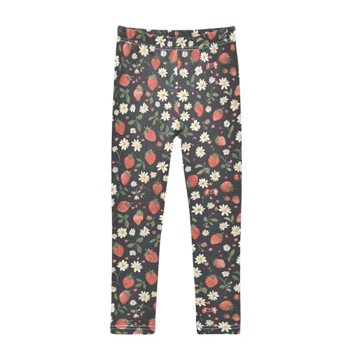 Strawberry and White Flower T Girls Leggings Athletic Pants Tights Stretch Bottom
