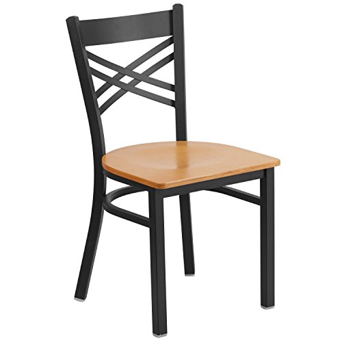Image of Flash Furniture HERCULES Series Black ''X'' Back Metal Restaurant Chair - Natural Wood Seat