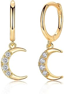 14K Gold Plated Dangle Hoop Earrings, Sterling Silver Post Drop Hoops | Small Hypoallergenic Huggie Earrings | Dainty Sun Moon Star Earrings