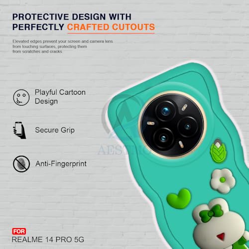 Image of AESTMO Back Case Cover for Realme 14 Pro 5G | 3D Cute Fun Cartoon Characters | Anti Slip Grip Cute Wave Curly Frame Shape | Back Cover for Realme 14 Pro 5G (Green)