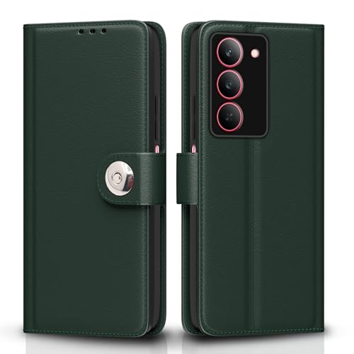 Image of Pikkme Flip Cover Leather Finish | Inside TPU with Card Pockets | Wallet Stand and Shock Proof | Complete Protection Button Flip Case for Realme Narzo 80x 5G / Realme P3x 5G / Realme 14X 5G (Green)