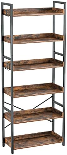Rolanstar Bookshelf 6 Tier with 4 Hooks, Industrial Wood Bookcase, Vintage Storage Rack with Open Shelves, Rustic Standing Bookshelves Metal Frame Display Rack for Living Room, Bedroom, Rustic Brown