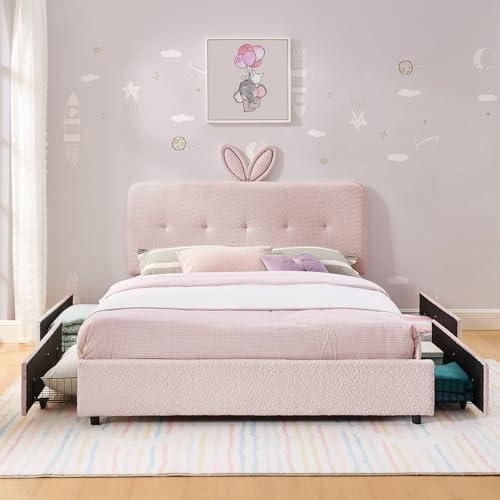 Image of Full Led Bed Frame with 4 Storage Drawer, Upholstered Platform Floor Bed with Rabbit Ear Headboard Daybed Strong Wooden Slats No Box Spring Needed for Kids Girls Boys, Pink