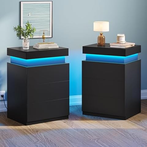 BTHFST LED Nightstands Set of 2,Night Stands for Bedroom Set of 2,Nightstand with Charging Station and Sliding Top,Bedside Table with Power Outlets & Drawers,Modern End Side Table (Black) Cover