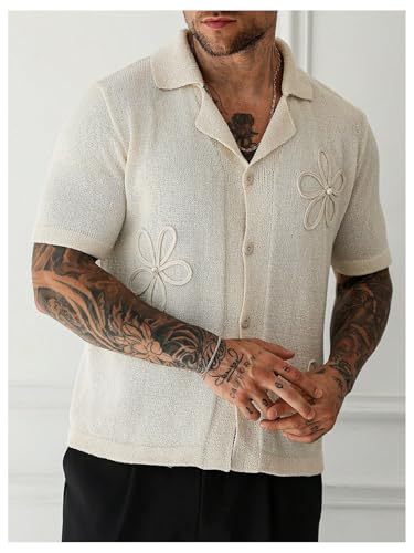Men's Floral Sweaters Button Down Short Sleeve Collar Knitwear Casual Knit Tops3