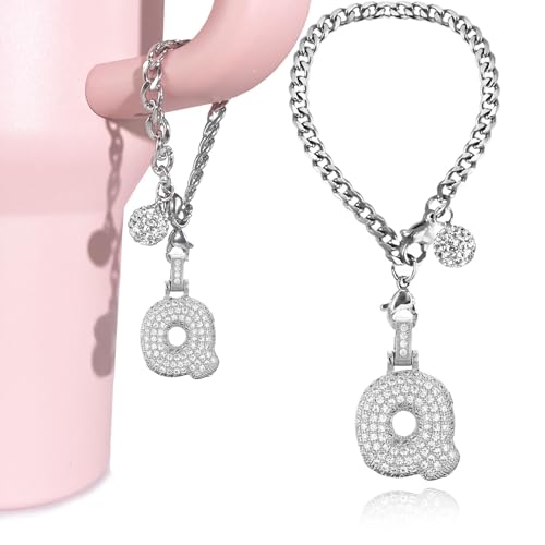 LUHOHI Silver Initial Charm for Stanley Cup- Bubble Letter Charms Accessories for Stanley handle 40 Oz Tumblers Cute Keychain with Diamond Glitter Jewelry Personalized Water Bottle Decorations Q