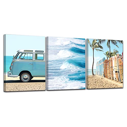 Beach Picture Coastal Palm Trees Picture Print Bus Artwork Seashore Artwork Picture Surfboard Poster Blue Surfboard Print Painting Ocean Bathroom Wall Art 3 Pieces Each Panel 12X16Inch Unframed #TOP7