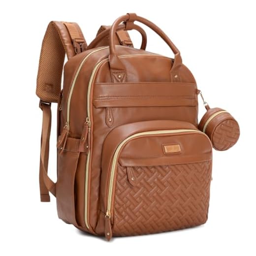 BabbleRoo Leather Diaper Bag Backpack - Baby Essentials Travel Baby Bag, Multi function, Waterproof, with Changing Pad, Stroller Straps & Pacifier Case – Unisex, Natural Brown