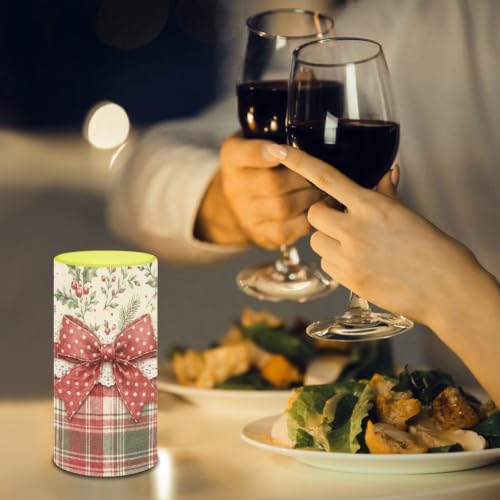 Image of Poceacles Christmas Flameless LED Battery Candles Pillar Candles Tealight with 18-Key Timer Remote with Colorful Light for Indoor Outdoor Home Decor, Christmas Bow Plaid Holly