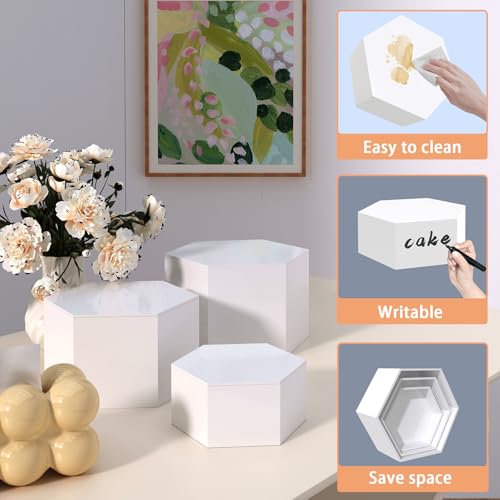 Buffet Risers, Food Display Risers for Party, White Acrylic Risers Display Stand for Buffet Table, Catering Displays for Dessert, Cube Box Nesting Riser with Hollow Bottoms (5"x6"x7"x8"x9"x10" 6PCS Hexagonal White) by PITBVO - Image 3