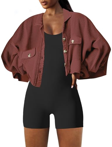 Image of Panadila Women's Cropped Waffle Knit Shacket Short Button Down Jacket Batwing Sleeve Shirts with Pocket