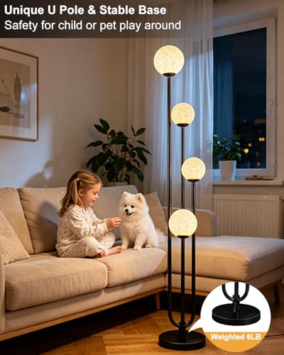 Image of Lightdot Black Globe Floor Lamp 4-Lights Dimmable Floor Lamps with Tray 3000K Bulbs Included Unique Candle Standing Lamp with Grey Shade for Living Room /Bedroom /Sofa Beside /Corner Decor