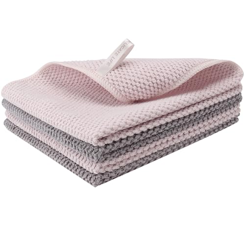 WEREY Lot de 3 chiffons de nettoyage en microfibre, design grille de maïs, réutilisables, chiffons de nettoyage pour fenêtres sans traces et anti-poussière. (3, beige/gris)