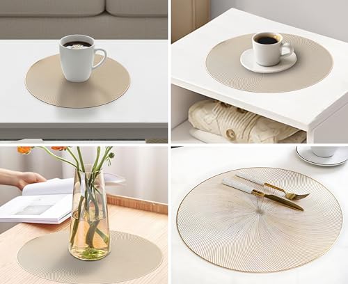 Image of Yellow Weaves 2 Pcs PVC Round Table Placemats, Dining Table Mat, Stain Resistant, Anti-Skid, Waterproof, Washable, Dining, Kitchen, Restaurant Table Set Easy to Clean, Durable (Spiral Golden)