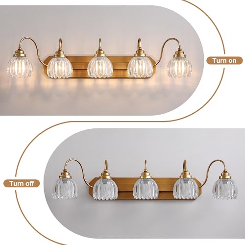 Image of Vintage Gold Bathroom Light Fixtures,5 Light Tulip Crystal | Brushed Gold Vanity Lights,Matte Antique Brass Finish, Mid Century Style, Wall Sconces for Bedroom, Easy to Install