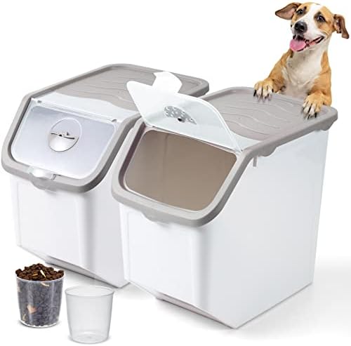 Didaey 2 Pcs Dog Food Storage Container Large Airtight PET Cat Dog Food Bins with Measuring Cup 33lb Plastic Cat Dog Treat Container Dry Food Sealed Bucket for Cat Dog Treats Storage Supplies, Gray
