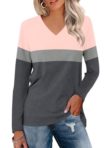 ORANDESIGNE Damen Langarm Farbblock Tuniken Tops V-Ausschnitt Casual Cute Shirts Herbst Loose Fit Blusen Tees, 33-Rosa-Grau-Anthrazit, Large ORANDESIGNE Damen Langarm Farbblock Tuniken Tops V-Ausschnitt Casual Cute Shirts Herbst Loose Fit Blusen Tees, 33-Rosa-Grau-Anthrazit, Large