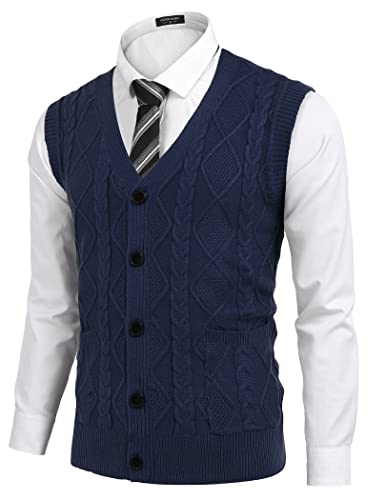 Coofandy Men's Casual V Neck Cable Knit Sleeveless Knitwear Button Down Sweater Vest (Navy Blue,Small) #TOP3