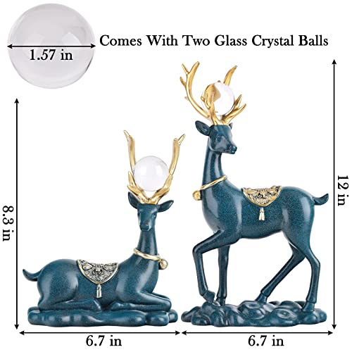 Xiyouqi Set Of 2 Christmas Reindeer Statues With Glass Ball, Resin Lucky Deer Sculpture, Couple Deer Figurine, Modern Elk Ornaments, Suitable For Home, Office, Tabletop, Christmas Decoration (Blue) #TOP1