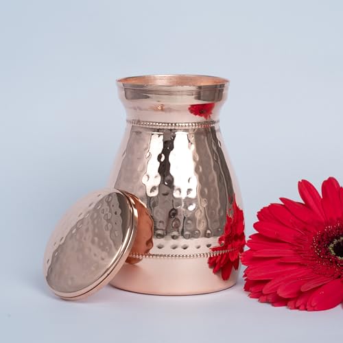 Image of Pure Copper Vedic Bottle /Vedic Jar with Lid (500 ml) | Handmade Hammered Copper Water Storage Pot | Ayurvedic Health Drinkware | Lacquer Coated |