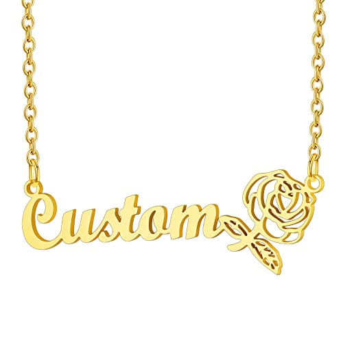 Custom4U Birth Flowers Name Necklace Personalized Stainless Steel Gold Plated Custom Nameplate Zodiac Flowers Necklaces Chain 16"+2" Engraved Memory Jewelry for Women Mother A-Gold Color