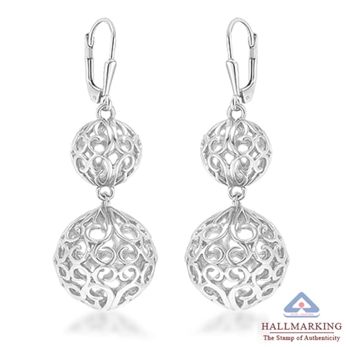 Image of TRUESILVER ACPL 925 Sterling Silver BIS Hallmarked Filigree Ball Leverback Drop Dangle Earrings for Women