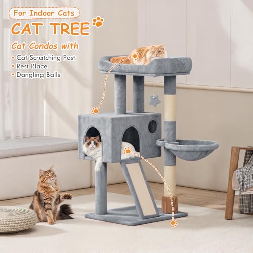 Polias Cat Tree Tower,36 Inch Tall Cat Climbing Tower with Scratching Post and Sisal-Covered Scratching Board, Cat House with Hammock,Cat Tree for Indoor Cats Large Adult- Light Gray