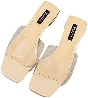 QZUnique Women's Chunky Low Heels Sandals Linear Shape Intersect Transparent Upper Square Peep Toes