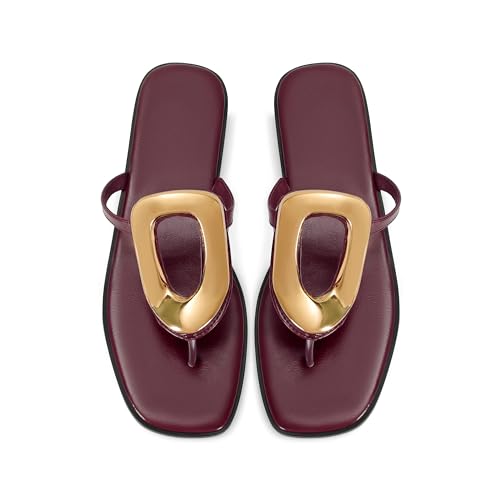 Image of Wnshonzy Flip-Flops for Women Thong Sandals Flat Slip on Slides Beach Comfort Open Square Toe Ladies Slipper Dressy Metal Hardware Decoration Summer Shoes Casual Fashion