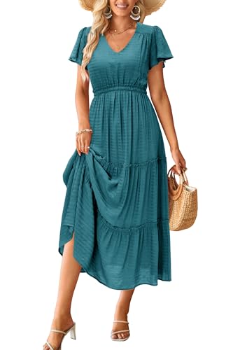 VOTEPRETTY Women's 2025 Summer Boho Maxi Dresses Flutter Short Sleeve V Neck Casual Beach Wedding Guest Vacation Long Dress