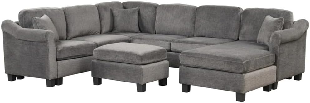 4pcs Sectional Sofa with Ottoman with Right Side Chaise Velvet Fabric Dark Gray(E)