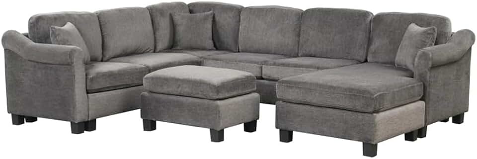 4pcs Sectional Sofa with Ottoman with Right Side Chaise Velvet Fabric Dark Gray