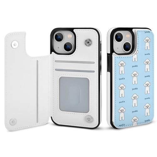 適用 iPhone15ProMax用ケース 手帳型 プードル 犬柄 ブルー スマホケース カード収納 スタンド機能 アイフォン15ProMaxケース 耐衝撃 PUレザー カバー 財布型 Case