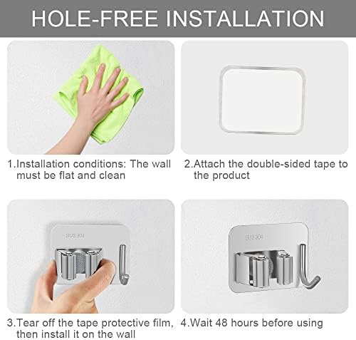 VonLux Mop Broom Gripper with Hook 2in1 [4 Pieces], Mop Broom Holder Stainless Steel Wall Hooks Self Adhesive Strong, Hanging Brushes Tools Storage Organizer in Kitchen Garden Garage Closet Bathroom