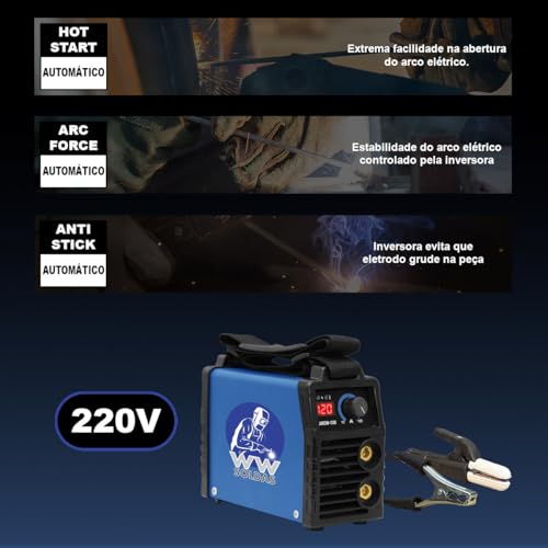 Inversora de Solda Eletrodo MMA Arcw-120, Hot start, Anti stick, 120A, 220V WWSoldas