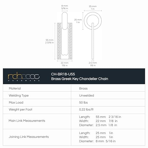 Image of RCH Hardware Decorative Polished Solid Brass Chain for Hanging, Lighting - Rectangles with Greek Key Design and Unwelded Links (1 Foot)